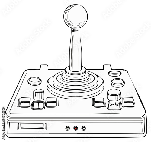 Retro arcade game joystick controller line art illustration with classic buttons and selector switches