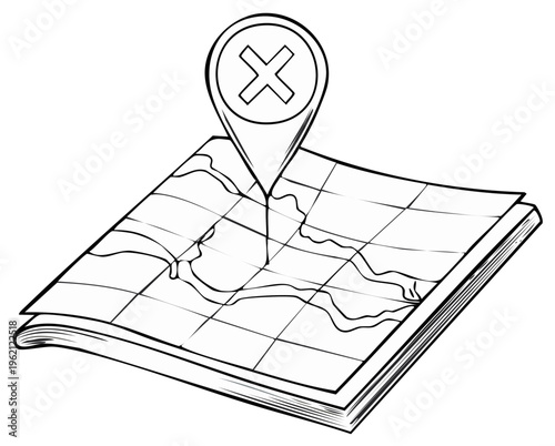 Location marker on folded map with X symbol