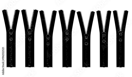 Zipper silhouettes vector set with open and closed zip fastener elements isolated on white background