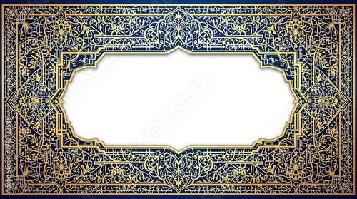Intricate golden floral pattern surrounds a white-filled ornate rectangular frame