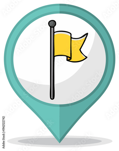 Teal Location Marker with Yellow Flag Inside; Positioning Symbol for Maps, Navigation