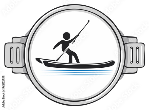 Stand Up Paddle Boarding Icon. Stick Figure Paddling on Water with Paddle in Framed Circle.