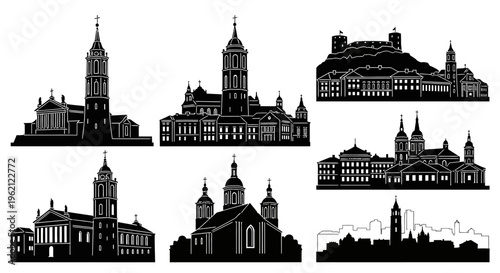 Set of Black Silhouettes of European Historical Buildings and Cityscapes