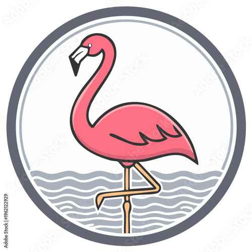 Cartoon Pink Flamingo Standing in Water Circle Badge Icon Graphic