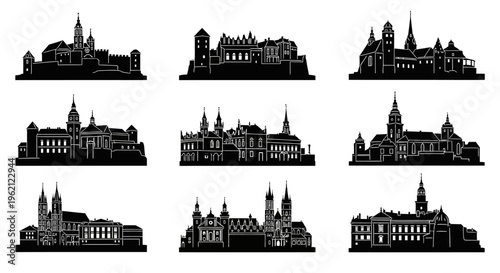 Set of European City Skylines Silhouettes, Architectural Landmarks Collection