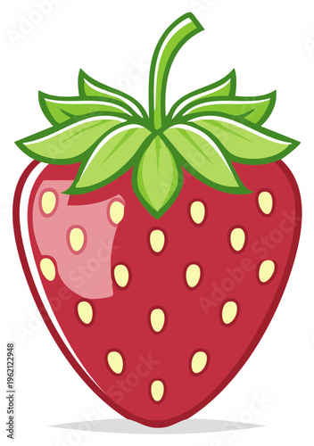 Illustration of a single bright red strawberry with green leaves and yellow seeds