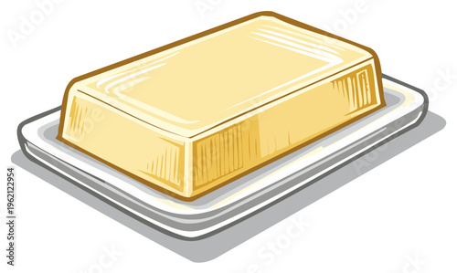 Rectangular Block of Butter on a Lipped White Ceramic Dish, Side View