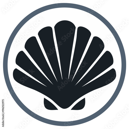 Black scallop shell icon inside a clean circular frame representing ocean marine life