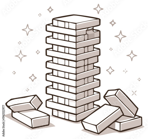 Tall wooden block stacking game tower with scattered pieces and sparkles