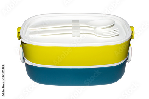 Plastic food container on a white background.An airtight food container for food.Lunch box container with latches.