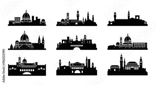 Set of Italian City Skylines Silhouettes - Florence, Venice, Rome