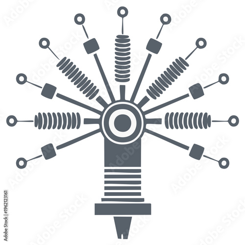 Abstract machine element assembly featuring springs, axles, and concentric circles