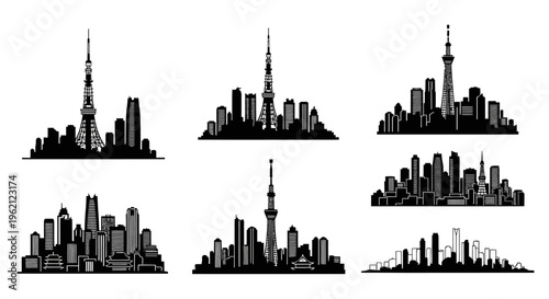 Tokyo Skyline Silhouette Collection: Iconic Cityscape Vector Art