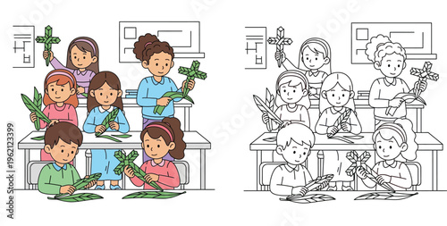 Children Making Palm Crosses in a Classroom - Palm Sunday Craft Activity