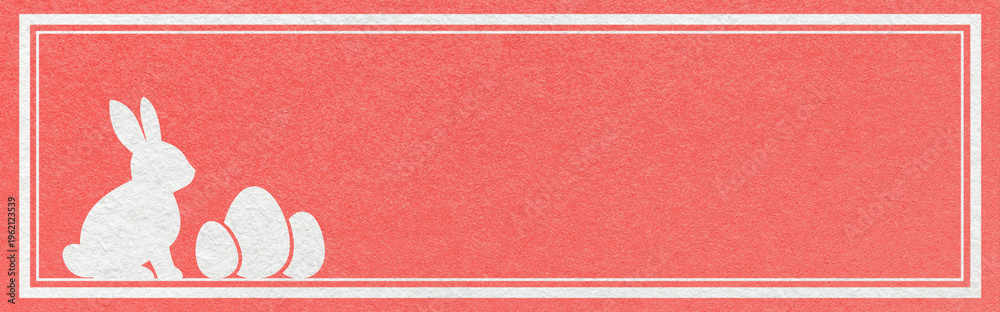 Fototapeta premium Easter website header banner with white bunny and eggs silhouette on light red textured paper background with copy space