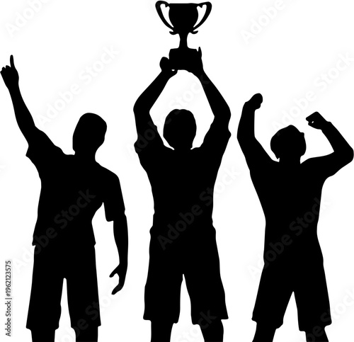 Silhouette of three happy men celebrating victory and holding a trophy cup isolated on white background