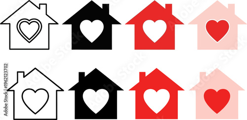 Four distinct house icons with heart symbols, representing love, home, and real estate concepts.