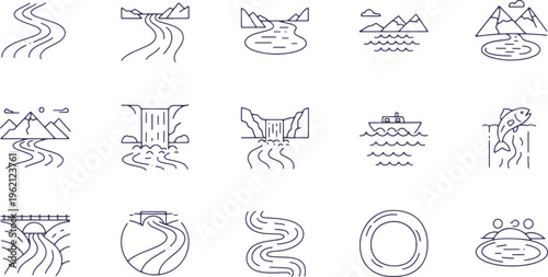 Collection of icons depicting various natural water sources and human-made structures around water