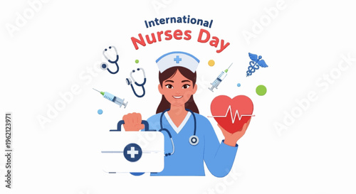 International Nurses Day Healthcare Appreciation Banner with Female Nurse and Heart Illustration
