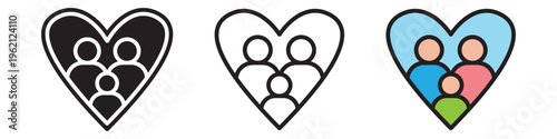 Family icon inside a heart shape in line and solid style, isolated on transparent background. Two adults and child, ideal for family, parenting, childcare, social, insurance, adoption, lifestyle 