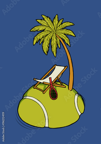 Tennis ball island with a palm-tree and sling chair with a tennis racket. Vintage typography tennis t-shirt print vector illustration.