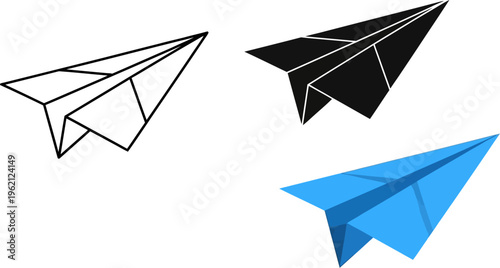 Set of paper airplane icons in outline, solid black, and blue styles