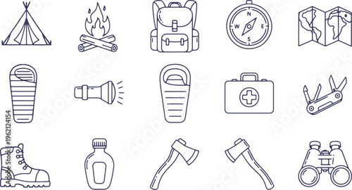 Essential camping and hiking gear icons collection