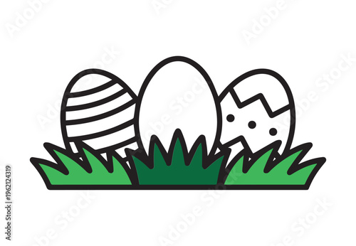 Easter Eggs in Grass Cartoon Scene, Holiday Nature Illustration