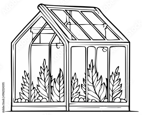 Greenhouse line art plants growing inside glass house structure garden vegetables horticulture growing indoor plants