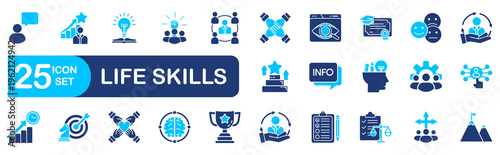 Life skills icon set Collection related to personal, development, human, strategy, self, career, empathy, ability . Editable line icons.�