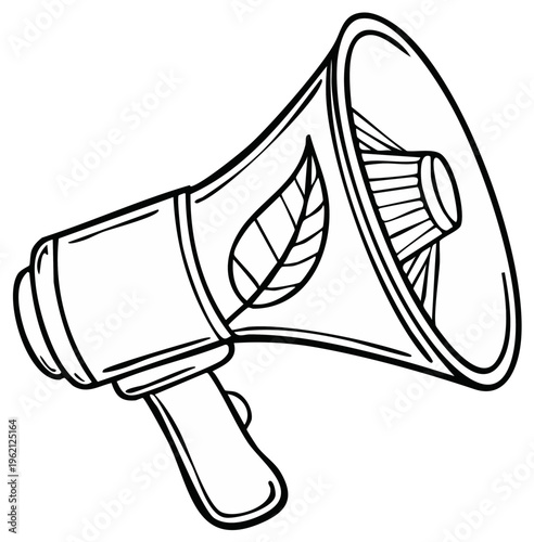Hand drawn illustration of a megaphone with a leaf symbol promoting eco friendly communication and awareness