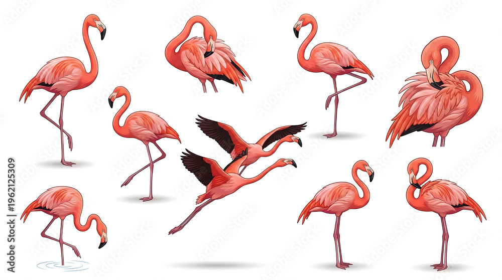 Fototapeta premium Flamingo illustrations, pink flamingos, bird set, wildlife icons