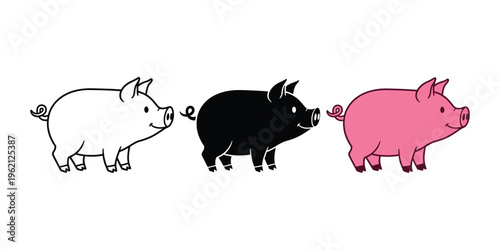Vector pigs in line art style with gradient colors