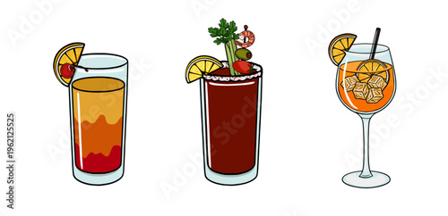 Set Hangover Brunch of three colorful cocktail vector illustrations with garnishes