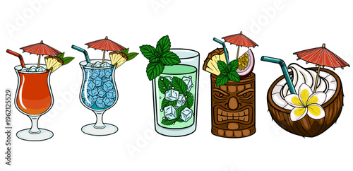 Set Tiki & Beach Bar of vibrant vector tropical cocktails with garnishes and tiki mug
