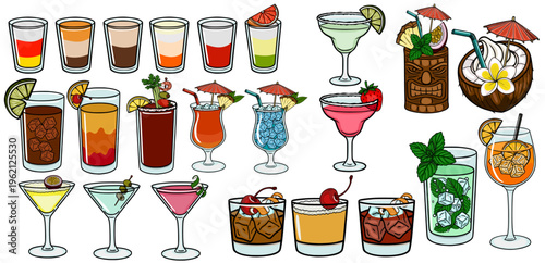 Set of colorful vector cocktail illustrations with garnishes, isolated on white background