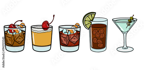 Set Speakeasy Lounge of five delicious cocktail illustrations with garnishes, vector