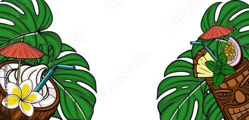 Tropical cocktail banner vector with coconut, pineapple, passion fruit, tiki and monstera leaves
