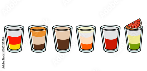 Set Party Shots Collection of colorful layered cocktail shots vector illustration, isolated on white