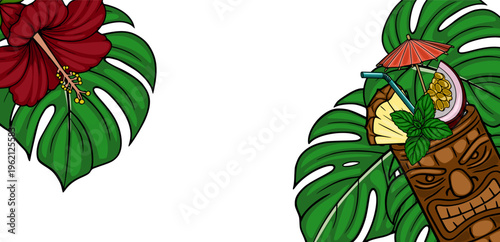 Tropical Tiki Cocktail Banner Vector with Hibiscus Flower and Monstera Leaves