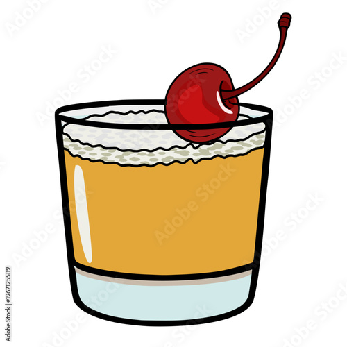 Stylized vector illustration of a classic cocktail with a cherry garnish and foamy top