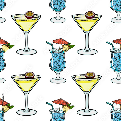 Tropical cocktail seamless pattern vector illustration with passion fruit and pineapple garnish