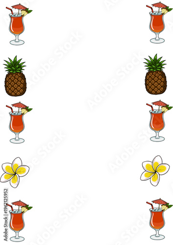 Tropical cocktail and pineapple vector poster with frangipani flowers