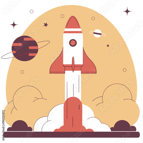 Rocket Launch Into Space: An illustration of a rocket launching into space, symbolizing exploration, progress, and ambition. The image depicts a dynamic scene of a rocket taking off.
