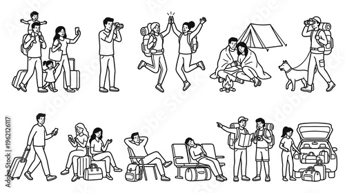 Tourists and travelers line art characters with luggage and backpacks.