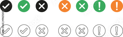 Collection of Checkmark, Cross, and Exclamation Mark Icons Set in Solid and Outline Styles