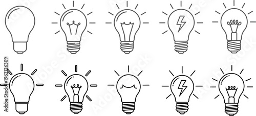 Creative line art light bulbs representing ideas, innovation, and electricity on white background