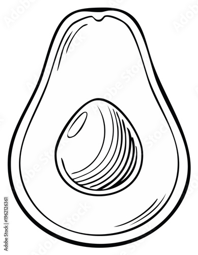 Simple black and white line drawing of a halved avocado showing the pit and flesh