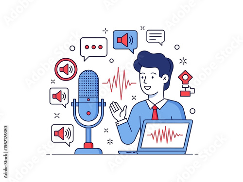 Man Talking into Microphone Laptop.