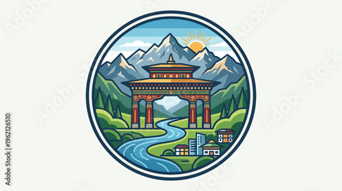 Bhutanese Landmark Landscape in a Circular Design